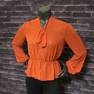 NWOT Orange Tie Neck Long Sleeve Print Blouse S